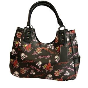 ED HARDY LARGE BLACK TOTE PURSE W/ SKULLS CROSSBONES ROSES & HEARTS  NWT